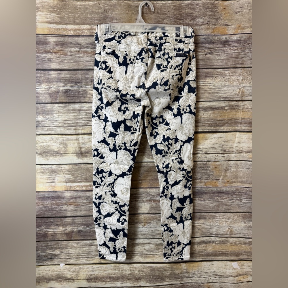 7 For All Mankind Jeans Skinny 24 Navy Blue Floral Drawing Ivory Printed Stretch - Picture 4 of 6
